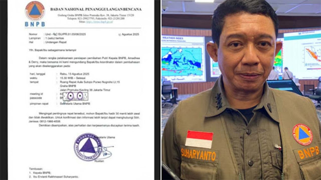 BNPB Tak Sampaikan Permintaan Maaf atas Hebohnya Surat Rapat Pernikahan Anak Letjen TNI Suharyanto Berkop Resmi