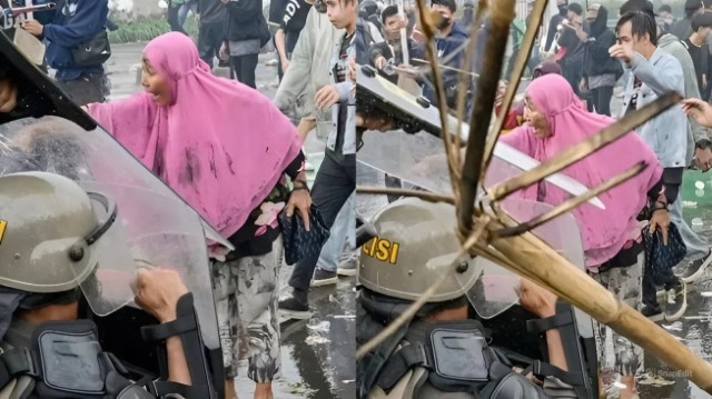 VIRAL Emak-Emak Jilbab Pink Tantang Aparat di Demo DPR, Pulang Cuma Senyum Ditanya Anaknya, Ini Videonya!