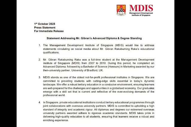 MDIS Singapura Tegaskan Wapres Gibran Tempuh Pendidikan pada 2007-2010, dari Diploma Lanjut ke Sarjana